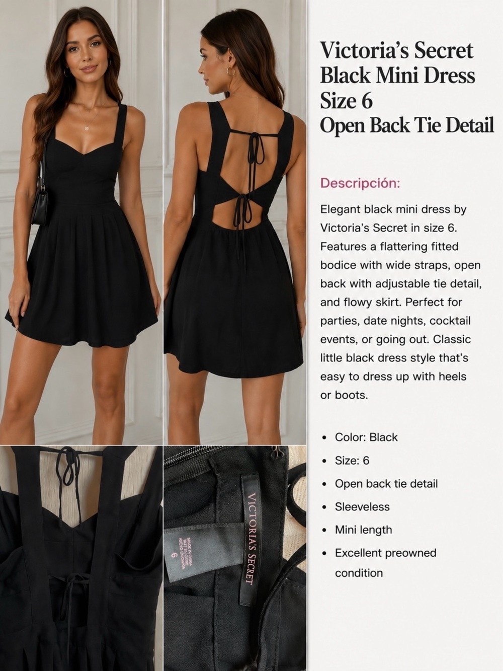 Victoria’s Secret Black Mini Dress Size 6 Open Back Tie Detail